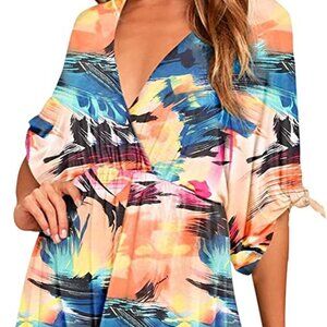 Summer Casual Loose Tunic Swing Dress V Neck Short Vacation Dress